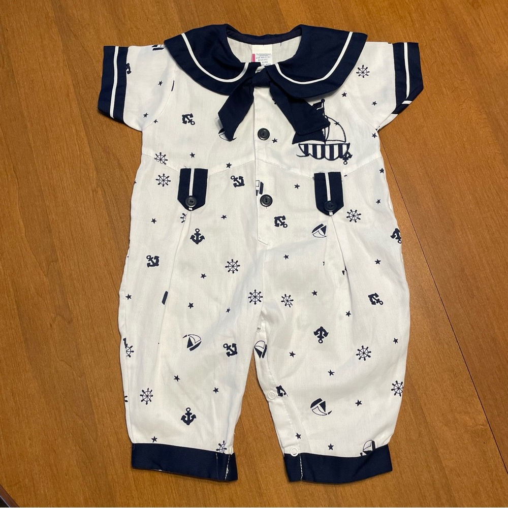 Vintage Navy & White Nautical Sailor Baby 3-6M One-Piece Collar Embroidered